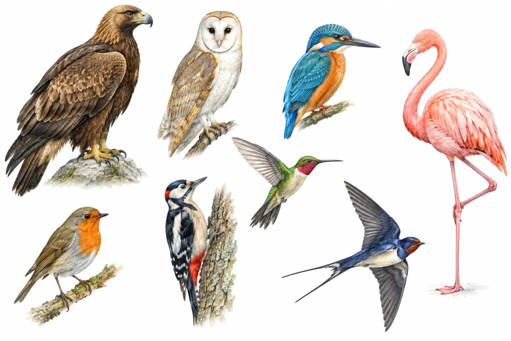 Ilustración de pájaros y aves nombres de pájaros y aves